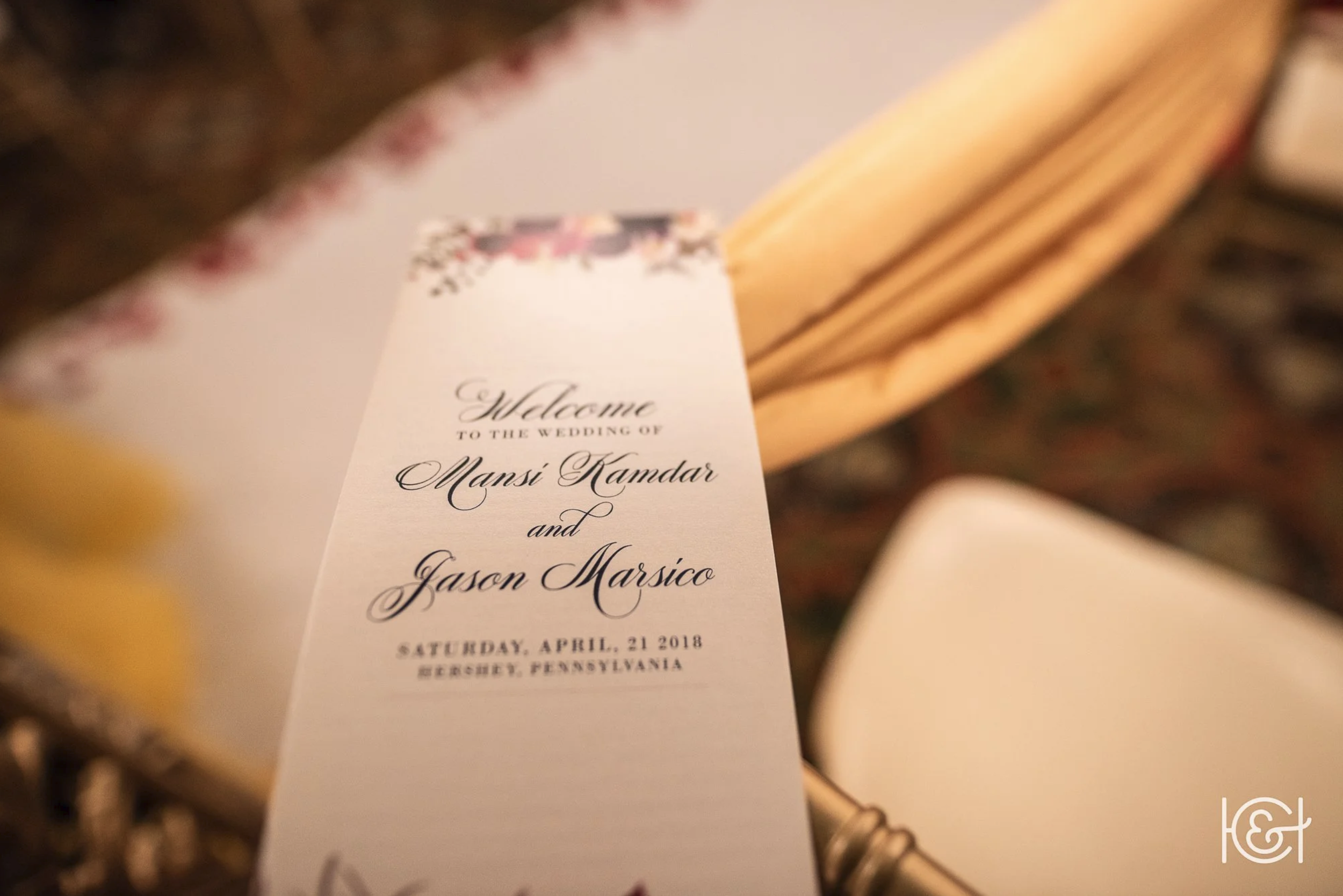 Wedding invitation for Mansi Kamdar and Jason Marsico on April 21, 2018, in Beury, Pennsylvania.