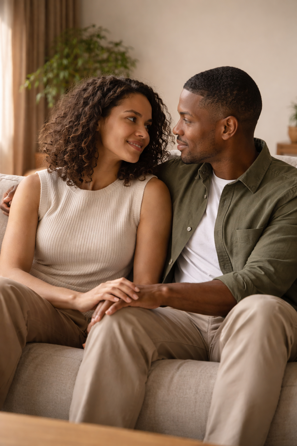 A young couple sitting close on a beige couch, looking into each other's eyes and holding hands in a cozy living room.