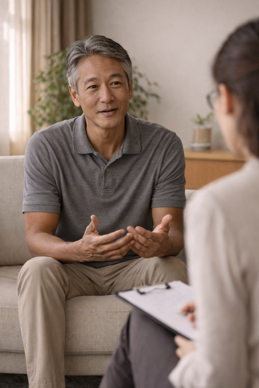 A middle-aged man with gray hair wearing a gray polo shirt and beige pants, talking to a woman holding a clipboard in a counseling or therapy session in a cozy room with natural light and houseplants.