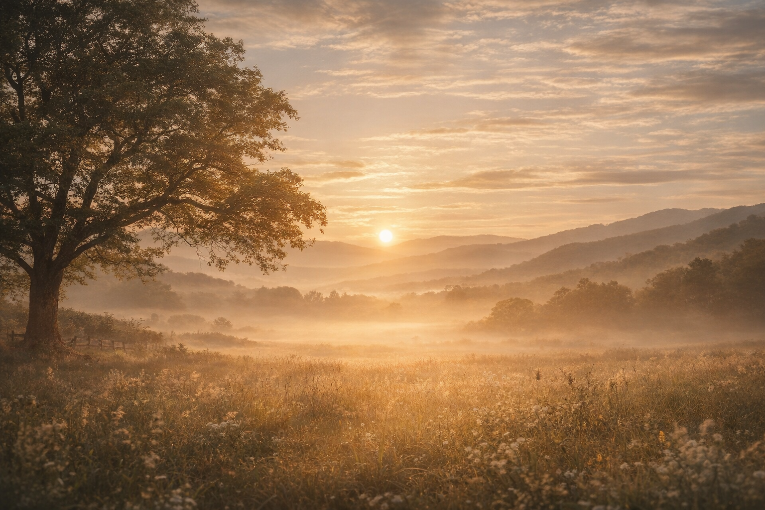 Sunrise over a misty mountain meadow with a large tree in the foreground and rolling hills in the distance.