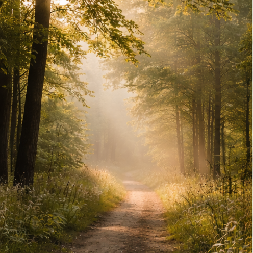 A sunlit forest trail with tall trees and lush greenery on either side, bathed in warm golden light.