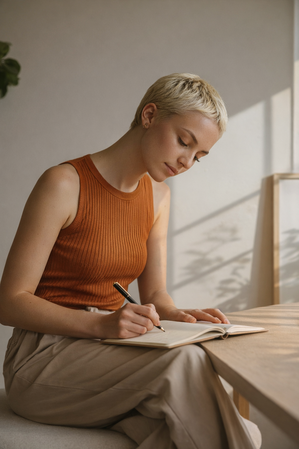 A woman with short blonde hair wearing an orange sleeveless top and beige pants sitting at a wooden table, writing in a notebook.