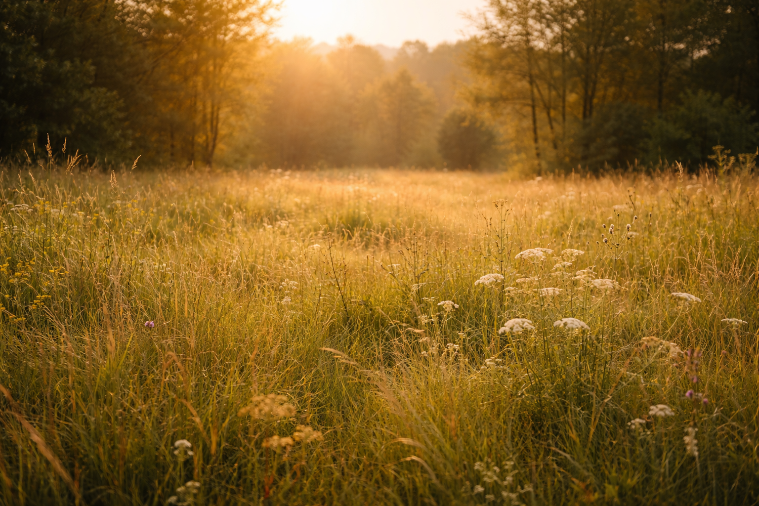 Sunlit meadow with tall grasses and wildflowers, trees in the background, during sunset.