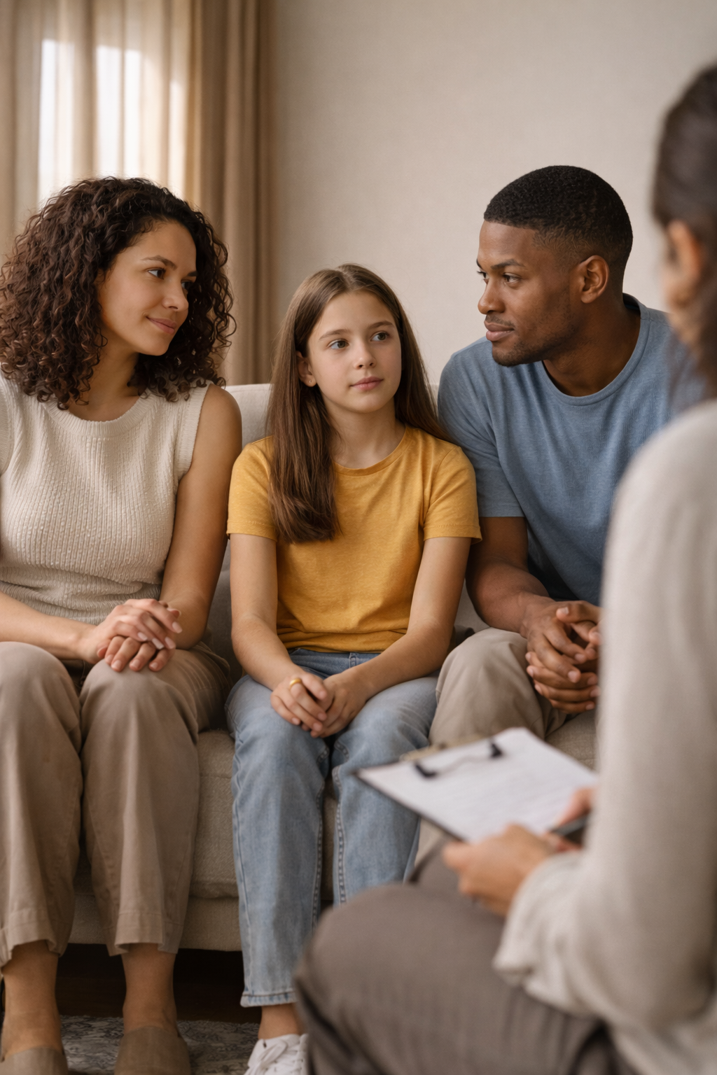 A family of four sitting on a beige couch, talking to a therapist during a counseling session. The mother has curly hair and is wearing a sleeveless beige top. The daughter has long brown hair and is wearing a yellow t-shirt. The father has short hair and a blue t-shirt. The therapist, holding a clipboard, is partially visible on the right.