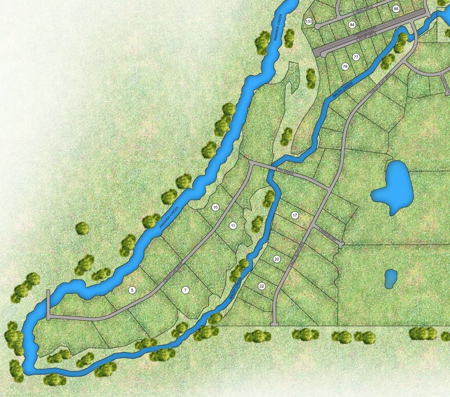 A detailed map of a residential area showing multiple streets, lakes, a creek, and numbered lots with green spaces and trees.