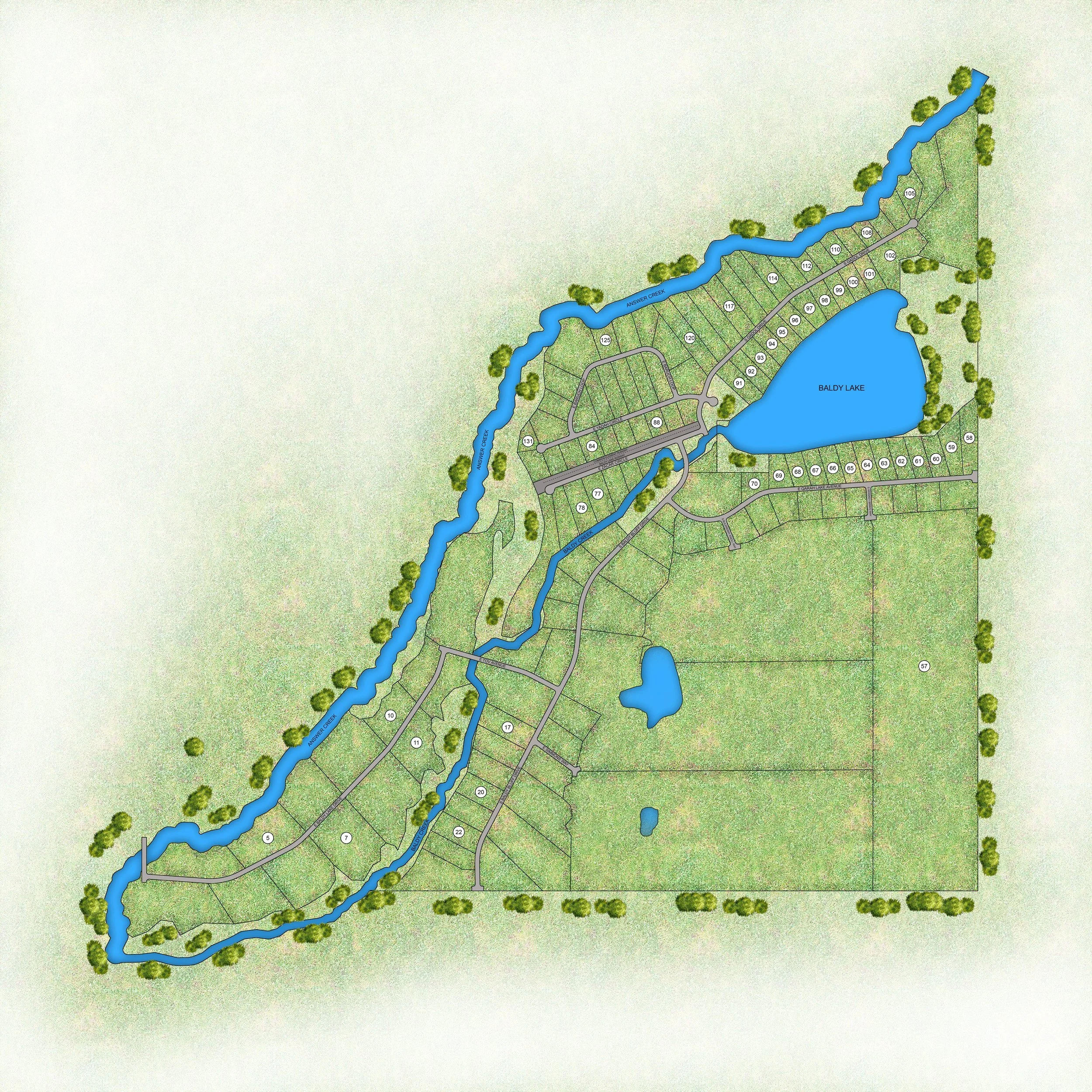 Map of a residential community featuring Baldy Lake, Answer Creek, several smaller ponds, green spaces, and a network of roads.
