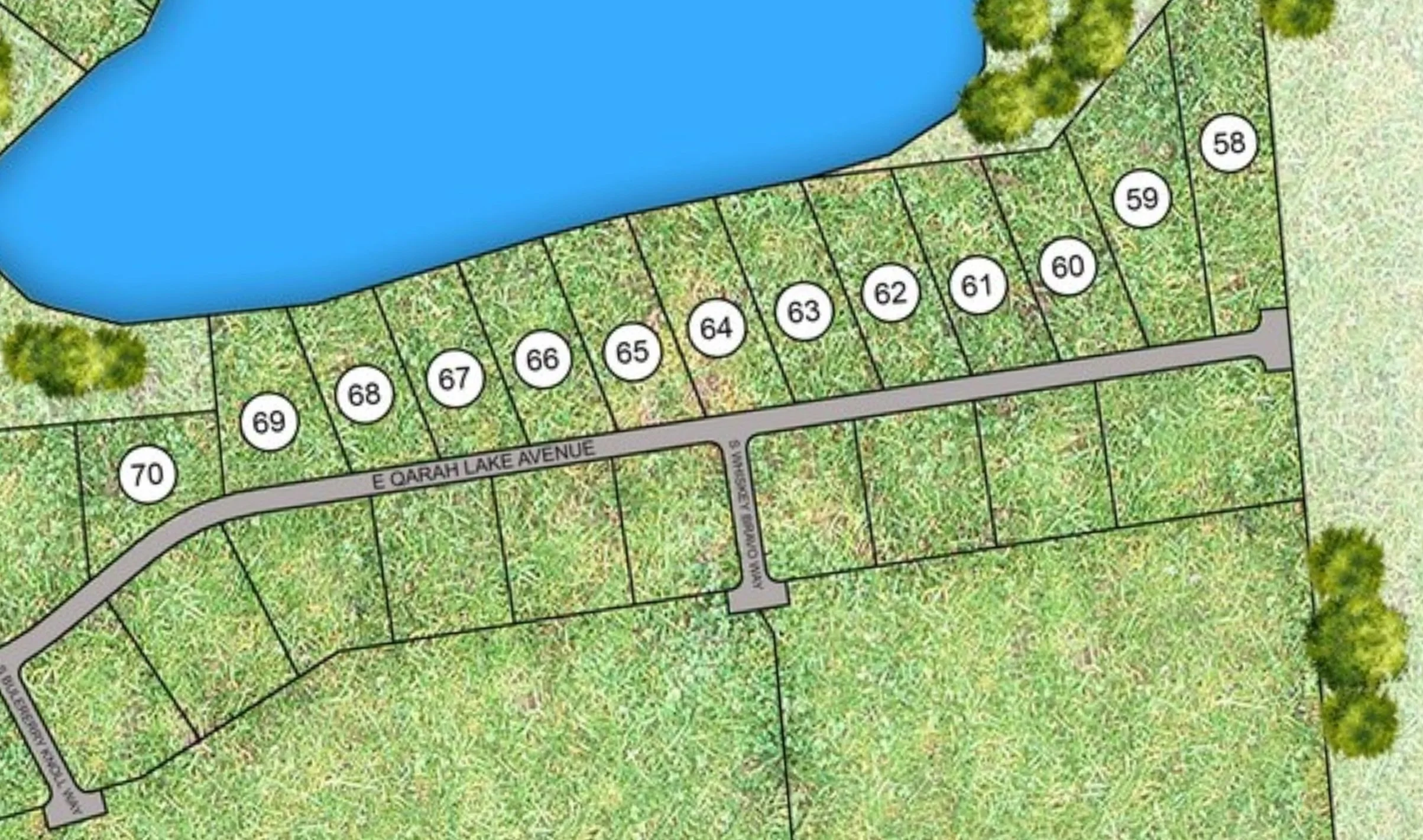 A map showing plot numbers 58 to 70 along a road named E Qarrah Lake Avenue near a blue lake with a few trees.