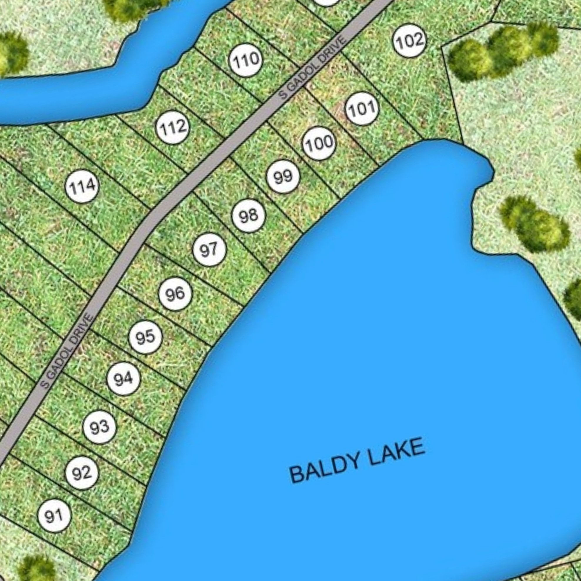 Map showing numbered lots along S Gadol Drive near Baldy Lake, with some lots near the lake and others along the road, and surrounding trees.
