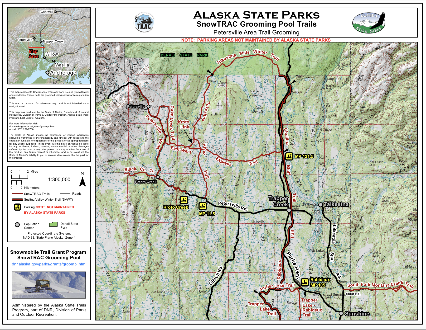 Map of Alaska State Parks' SnowTRAC Grooming Pool Trails in Petersburg area, showing trail routes, parking areas, and state park boundaries. The map includes trail names, numbers, and locations of interest like Kroto Creek, Trapper Creek, and Talkeetna, with color-coded trails and roadways.