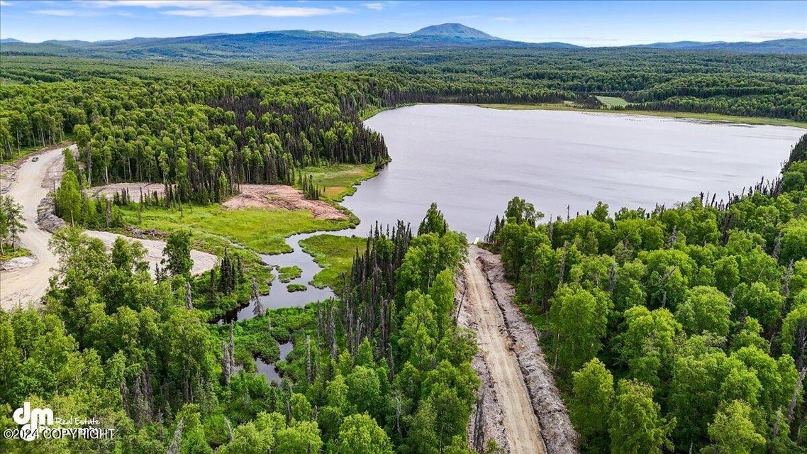 Aerial view of a large lake surrounded by lush green forest and mountains in the background, with a dirt road under construction running through the trees.