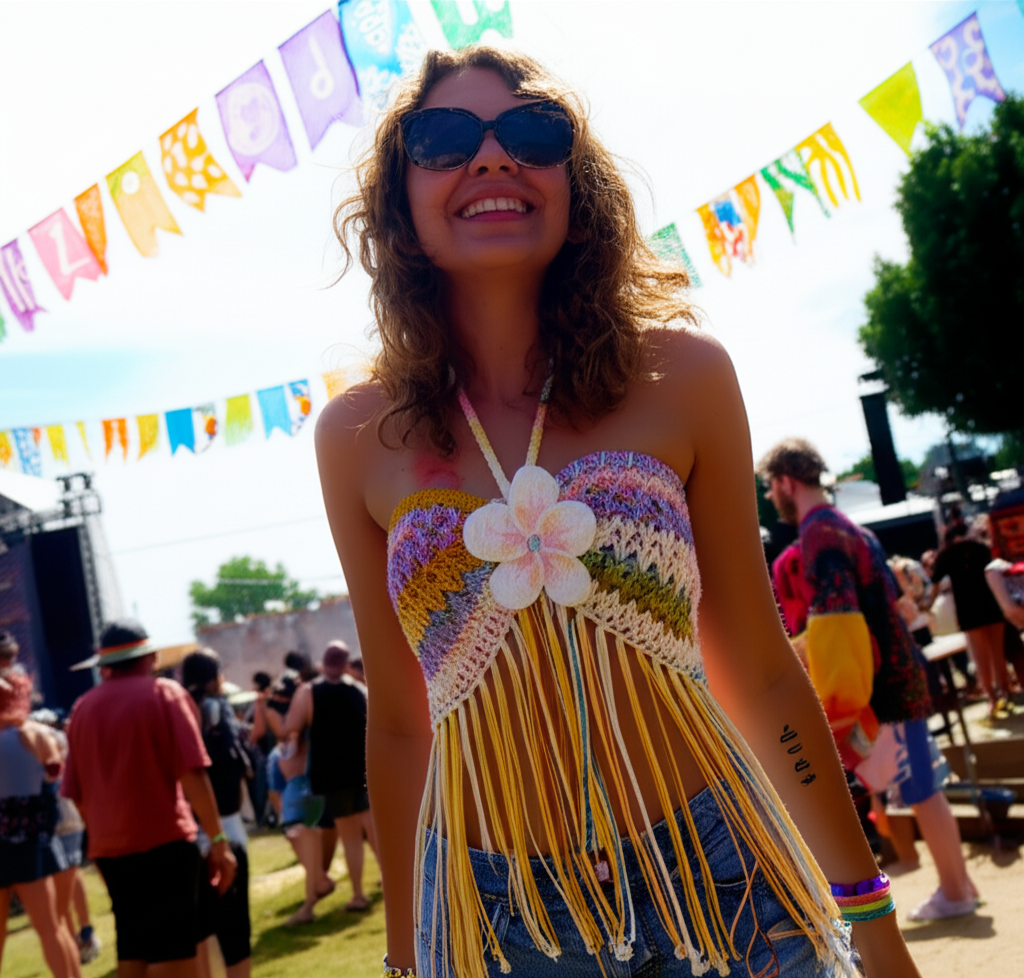 Boho style crochet halter top with fringe and floral accent, perfect for summer festivals and outdoor concerts, showcased by EliMarieCrafty.