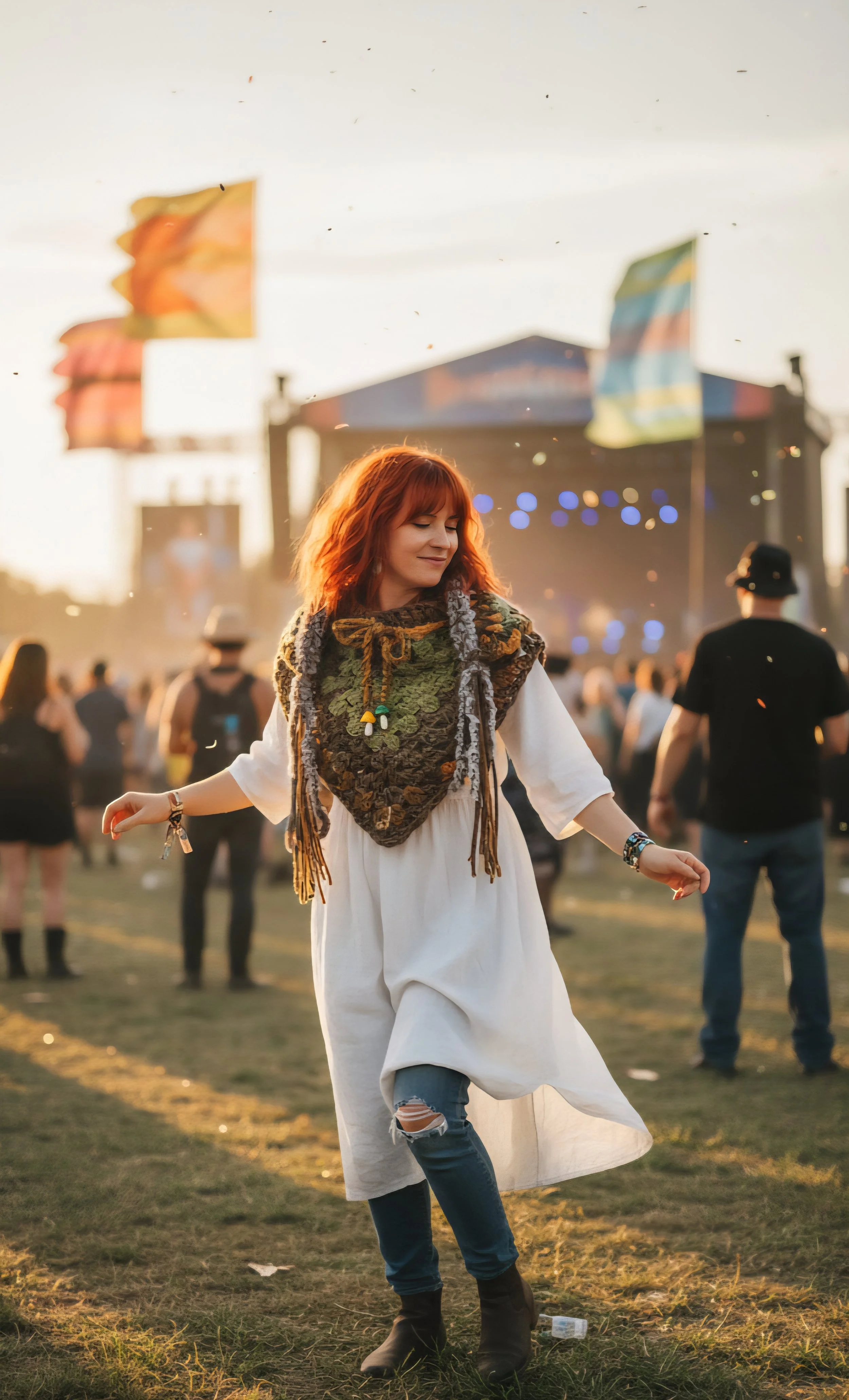 Handmade earthy-toned crochet hooded scarf with forest-themed details, artisanal festival fashion by EliMarieCrafty.
