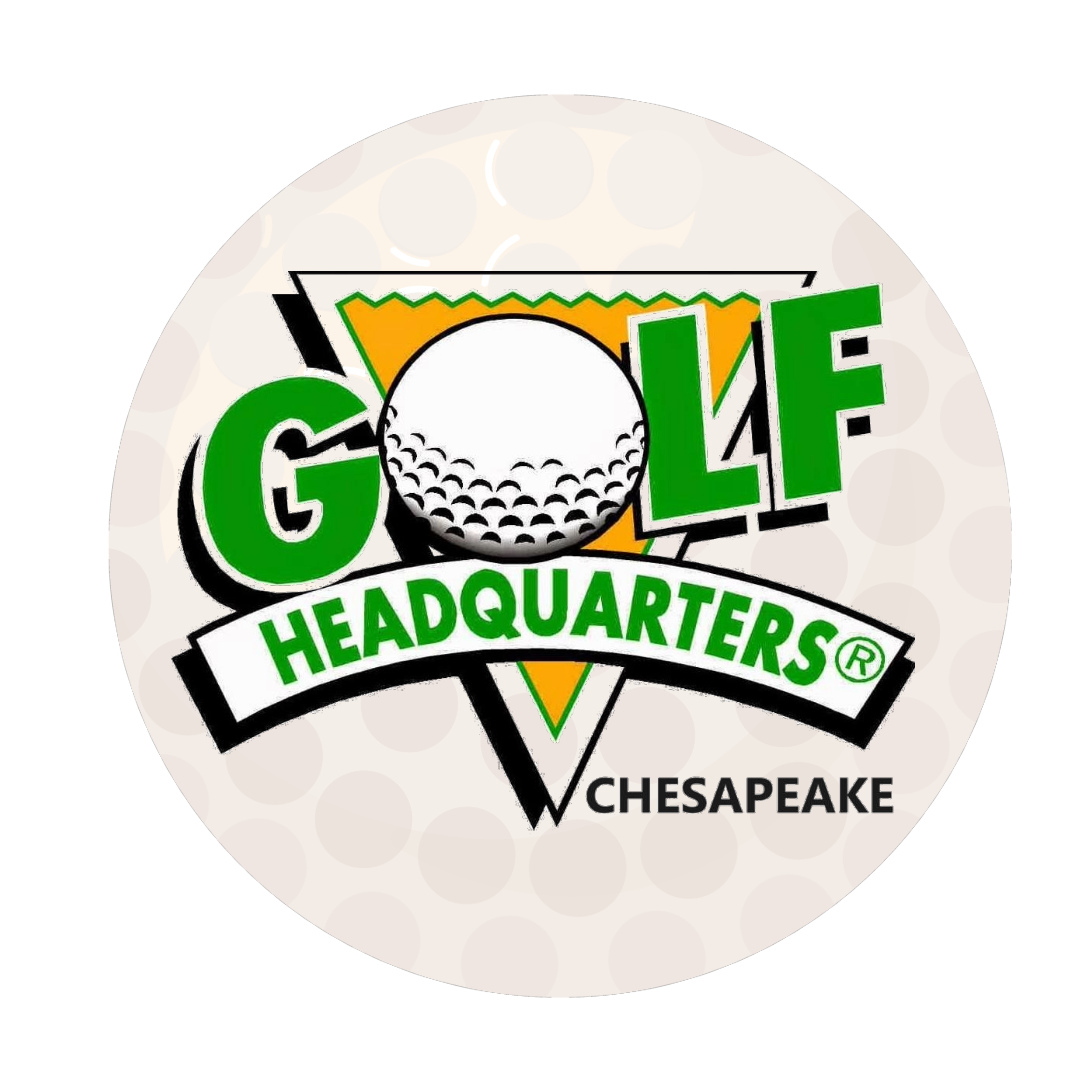 Golf Headquarters logo with a golf ball, green text, and a tee shape, indicating a golf-related location in Chesapeake.
