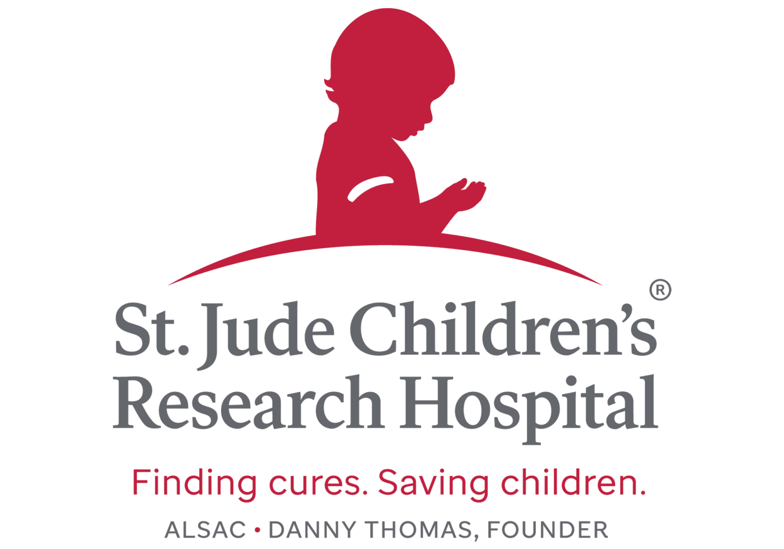 Logo of St. Jude Children's Research Hospital featuring a child in a red silhouette reading a book. Text indicates the hospital's name and tagline, 'Finding cures. Saving children.'