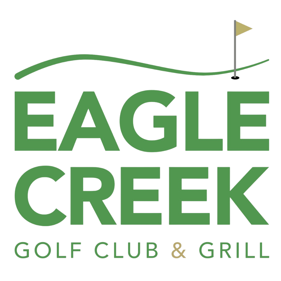 Logo for Eagle Creek Golf Club & Grille featuring stylized green text, a golf ball, and a red flag on a golf hole.