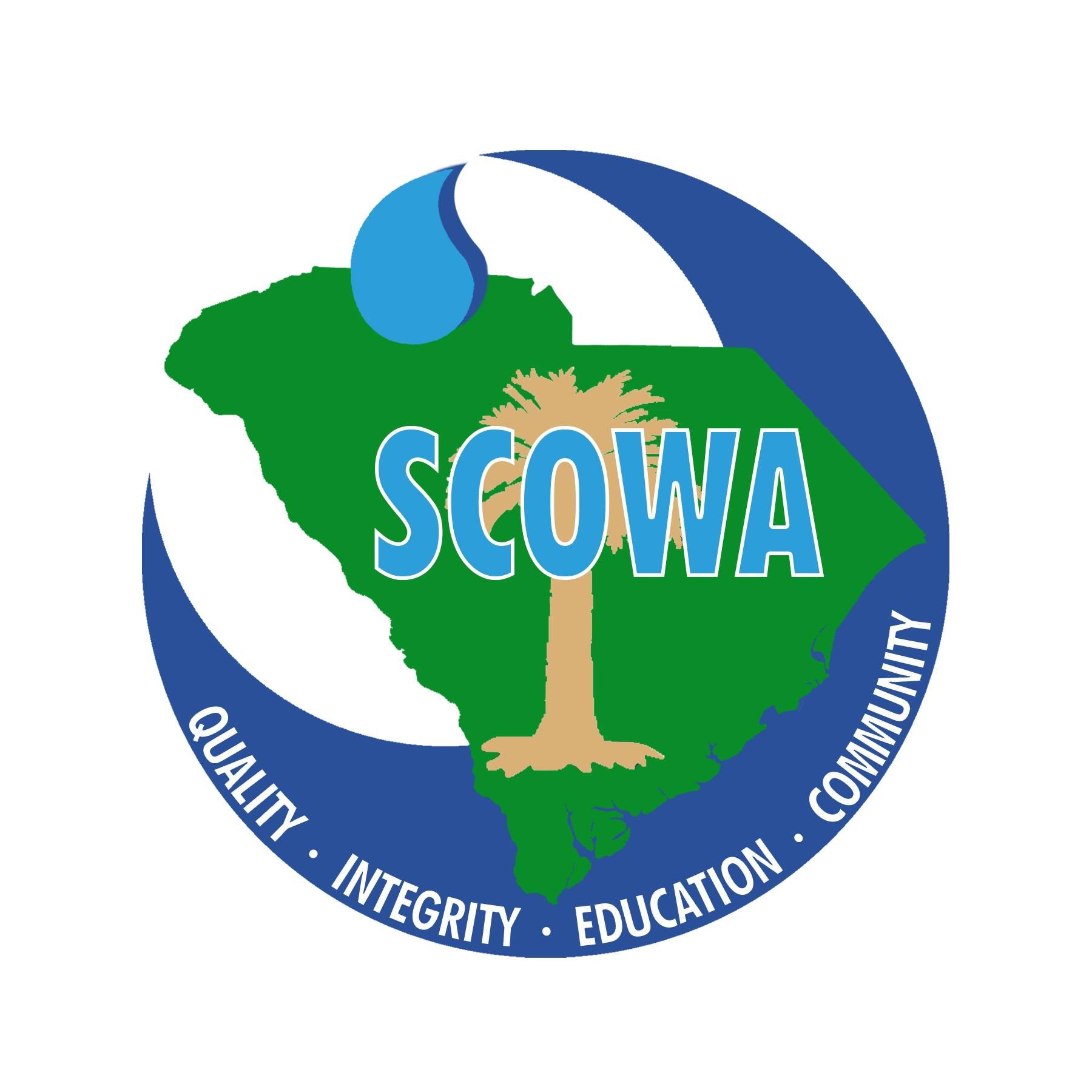 Logo of SCWA with the state of South Carolina map, a palm tree, water droplet, and a circular blue border with the words 'Quality', 'Integrity', 'Education', and 'Community'.