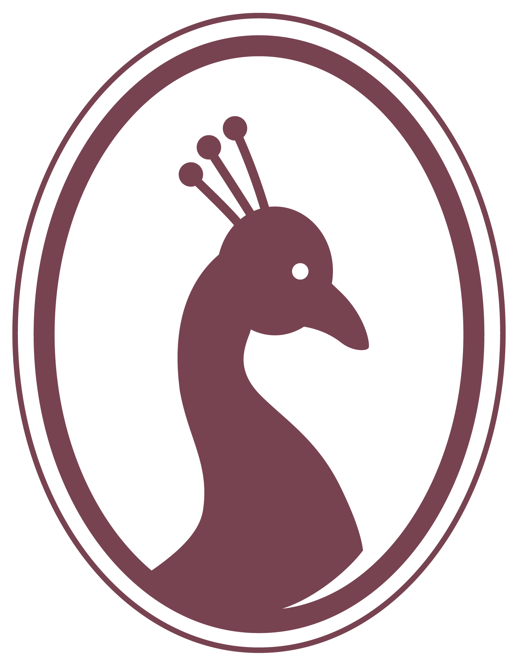 A logo featuring a stylized peacock inside an oval outline, with a black background and purple/burgundy color.