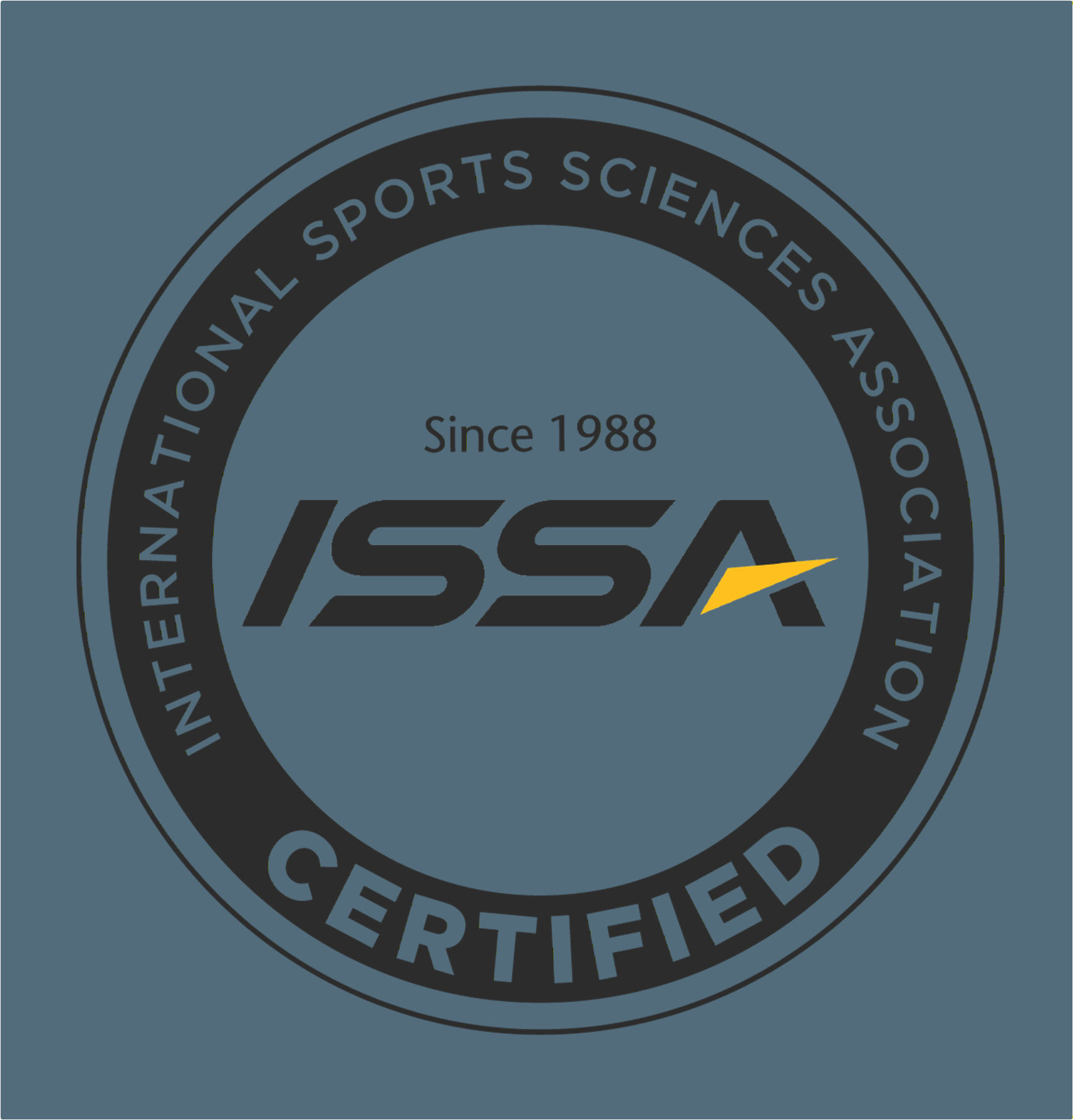 Logo of the International Sports Sciences Association (ISSA) with a circular design, black text on a blue background, and yellow accent on the letter 'A'