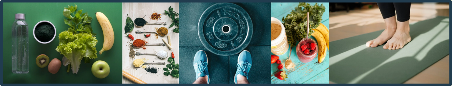 A collage of images related to health and fitness: a green smoothie, fresh vegetables and fruits, various spices and herbs, a weight plate and gym shoes, a smoothie with berries and bananas, and a person standing on a yoga mat.