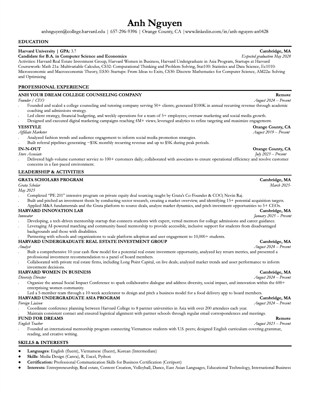 A detailed professional resume of Anh Nguyen, including contact information, education, professional experience, leadership activities, skills, and interests.