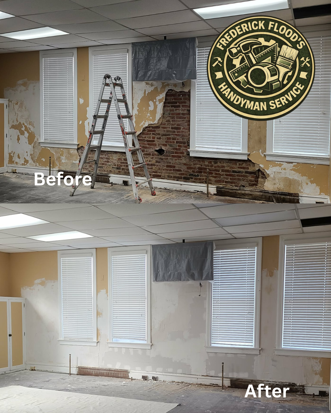Comparison of a room before and after wall renovation, showing peeling paint and exposed brick in the 'before' image and freshly painted and repaired wall in the 'after' image.