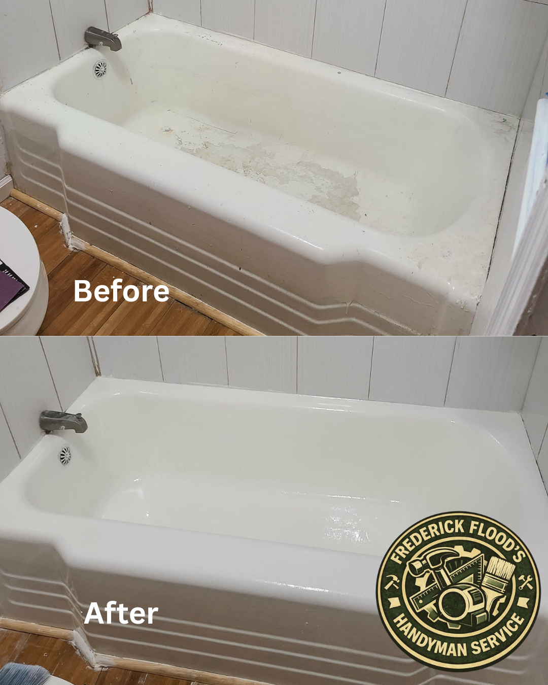 Side-by-side comparison of a bathtub before and after cleaning and renovation, with the before image showing a dirty, stained tub and the after image showing a clean, white tub with the handyman service logo in the corner.