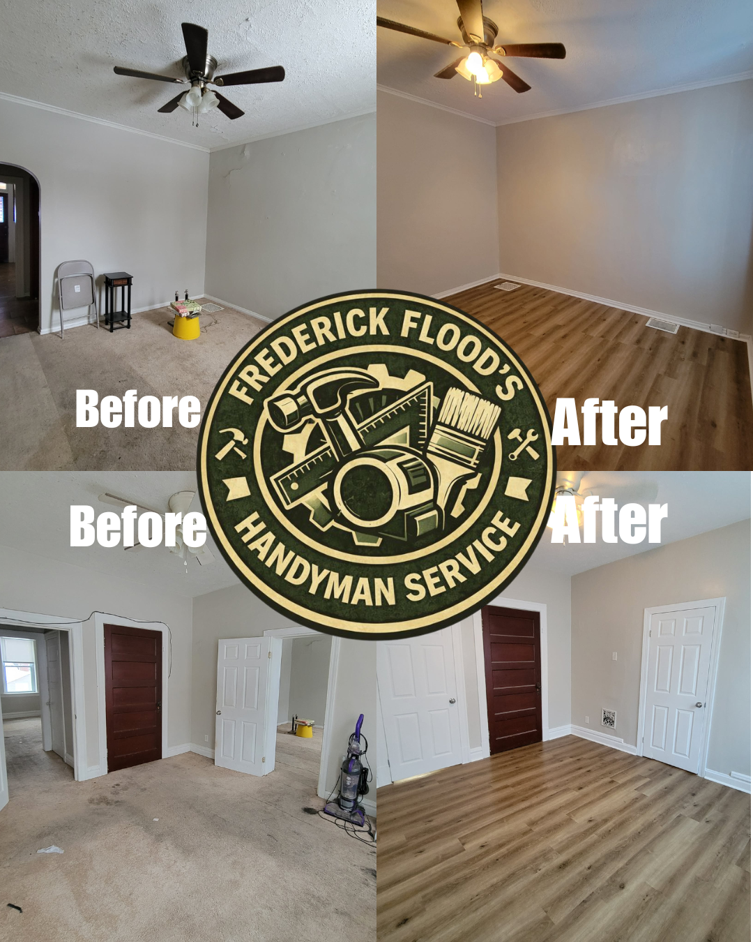 Comparison of rooms showing before and after renovation images with a logo of Frederick Flood's Handyman Service in the center.