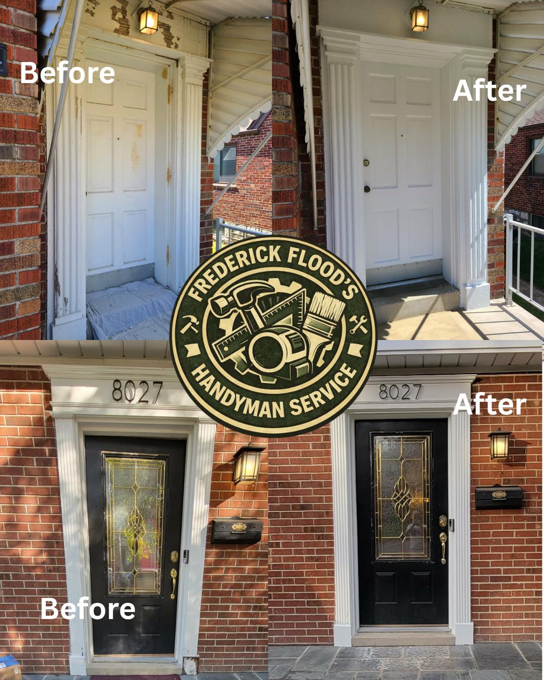Comparison images of a house entrance and door renovation. The top shows the before and after of a porch door frame, with the before being worn and the after painted white and cleaned. The bottom shows the before and after of a front door, with the b