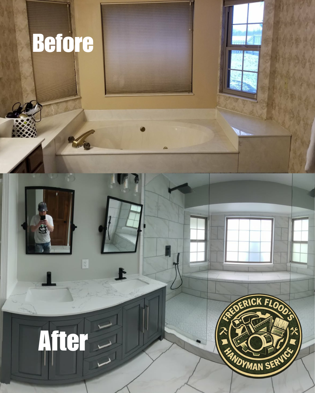 Comparison of bathroom before and after renovation. The "Before" image shows an older bathroom with a bathtub, beige tiling, and closed blinds. The "After" image features a modern bathroom with a double sink vanity, large mirrors, and a spacious walk