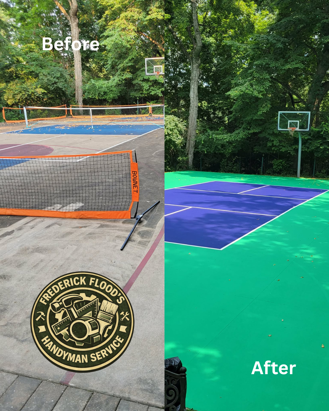 Comparison of an outdoor basketball court before and after renovation: the 'before' side shows an aged court with cracked concrete, worn out tennis nets, and a faded surface, while the 'after' side displays a freshly painted court with bright green a