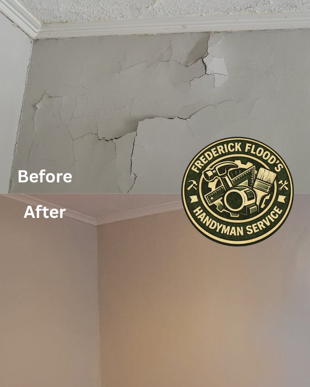 Comparison of a ceiling with cracked plaster before and after repair, with a handyman service logo.