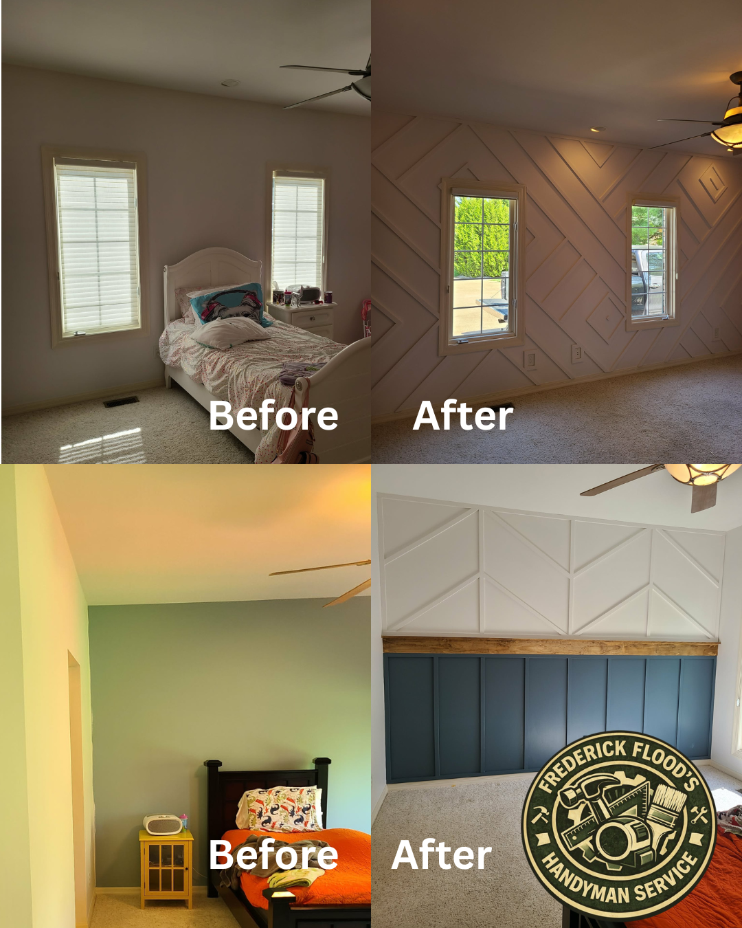 A collage showing before-and-after photos of room makeovers. Top left: a bedroom with a white bed and two windows before renovation. Top right: the same room after paneled walls with geometric designs and two windows. Bottom left: a bedroom with a sm