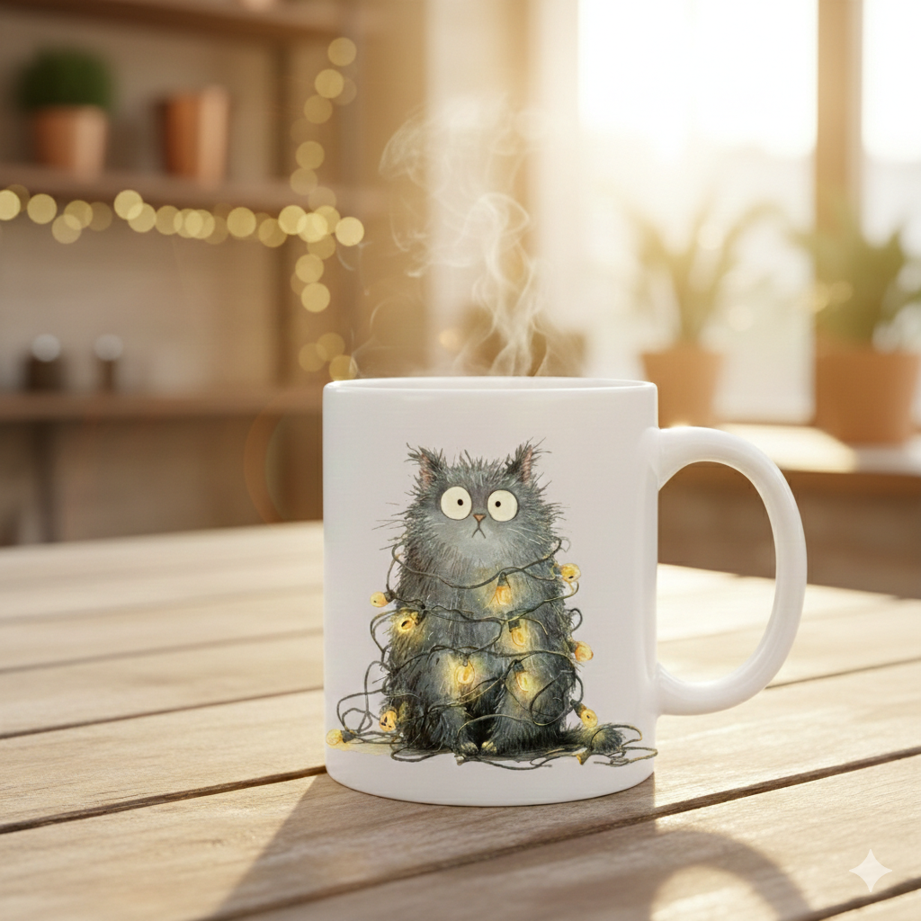 Taza Gato Enredado en Luces | Taza Cerámica 6oz, 11oz, 15oz y 17oz