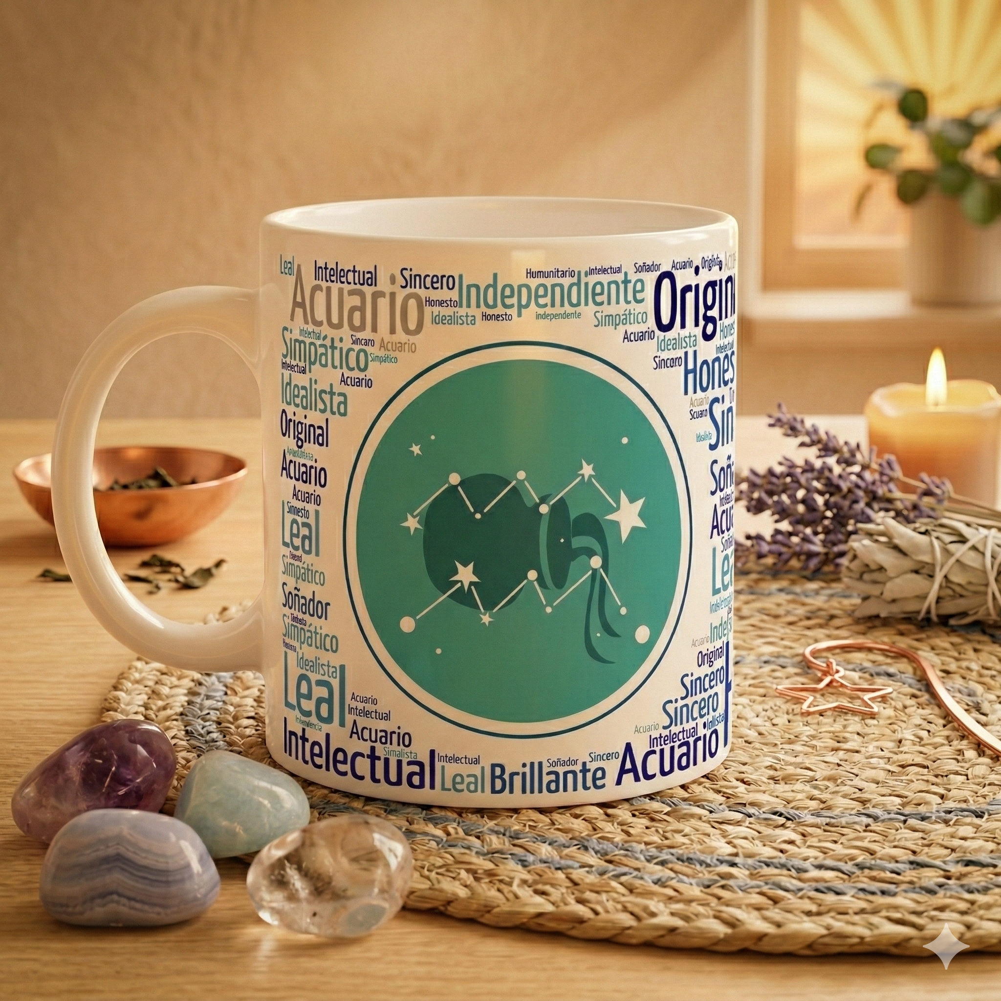 Taza Acuario | Colección Zodiaco Aura | Taza 11oz (Blanca, Mágica y Esmerilada)