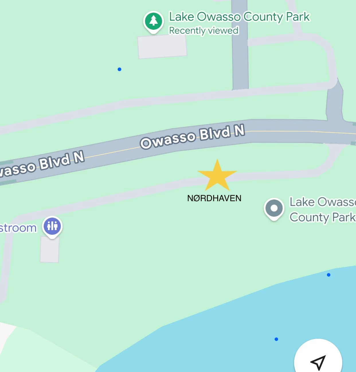 Map of Lake Owasso County Park showing Owasso Boulevard N, a restroom, and a body of water marked with blue.