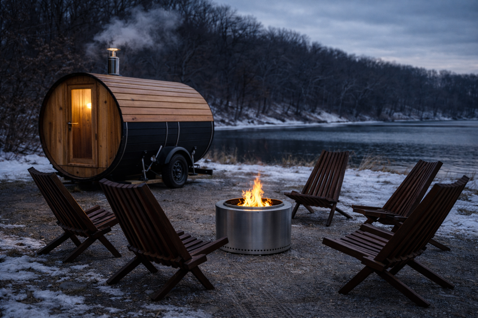 A small outdoor sauna trailer with a vent chimney, positioned by a lakeside in winter. Surrounding it are six wooden chairs arranged in a semi-circle around a lit fire pit, with snow and a forested hill in the background.
