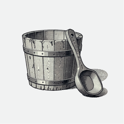 A wooden bucket with a metal band and a wooden scoop resting against it.