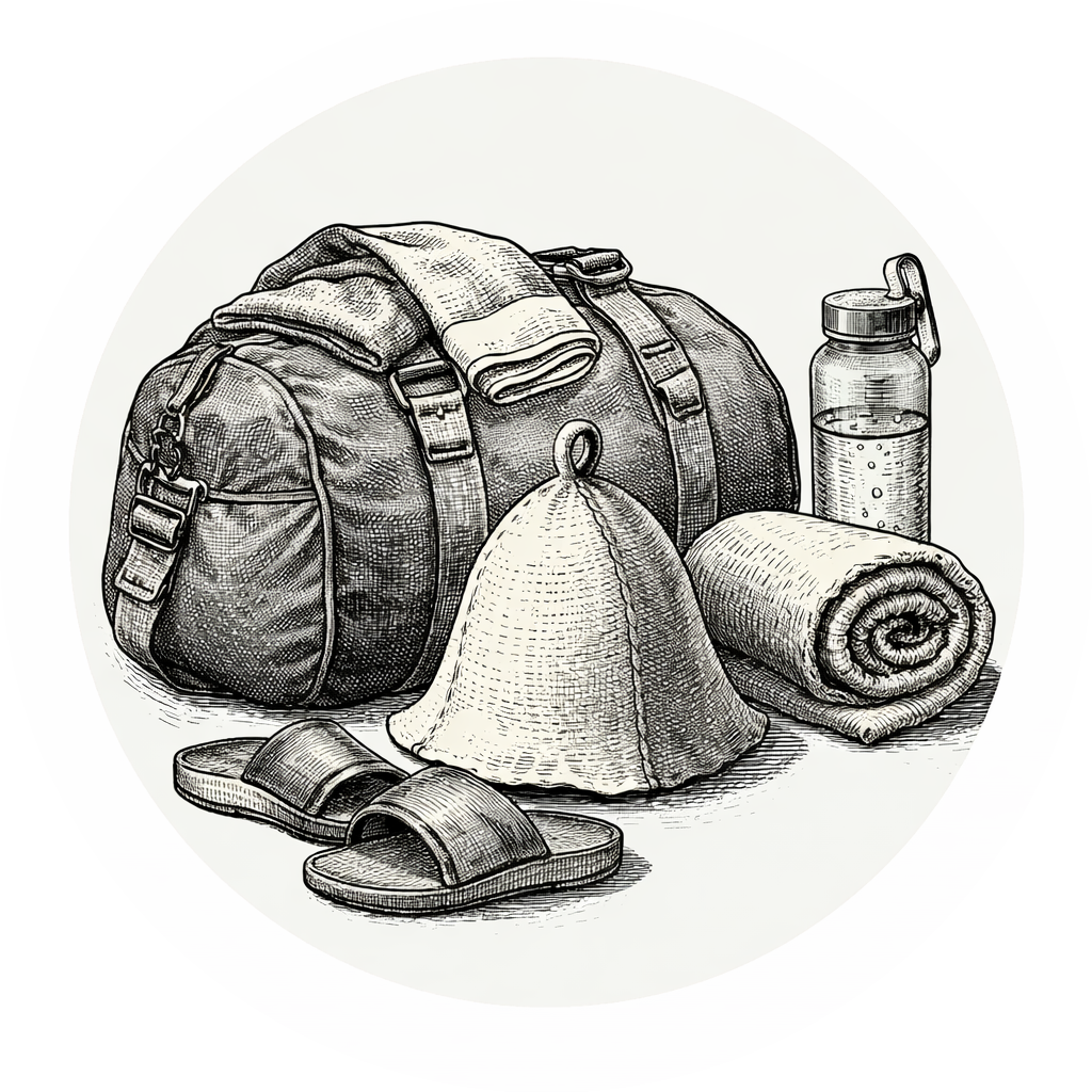 A detailed black and white illustration of a packed outdoor gear set, including a duffel bag, towel, water bottle, rolled blanket, slip-on sandals, and a hat.