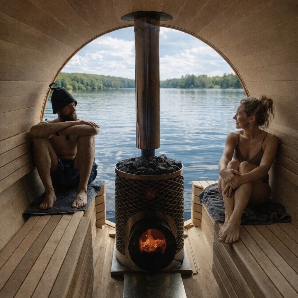 A man and woman sitting inside a wooden sauna with an open back, overlooking a river and surrounded by greenery, with a heater in the center and a fire burning inside.