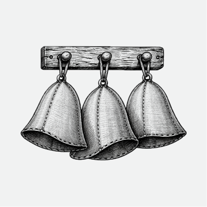 A black and white illustration of three hanging cup-shaped bells attached to a wooden plank