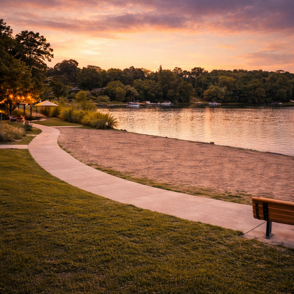 A peaceful lakeside park at sunset with a curved walking path, grassy areas, benches, a sandy beach, and trees in the background.