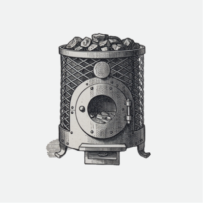 A vintage-style wood-fired sauna heater filled with stones, with a door and a handle, on a small wheeled platform.