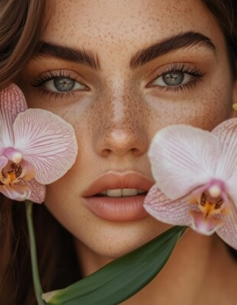 close-up of a person with freckles and orchids