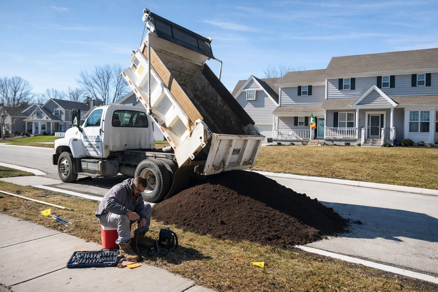 A construction worker is kneeling next to a pile of dark soil as a dump truck unloads soil into the street in a suburban neighborhood with houses and yards.