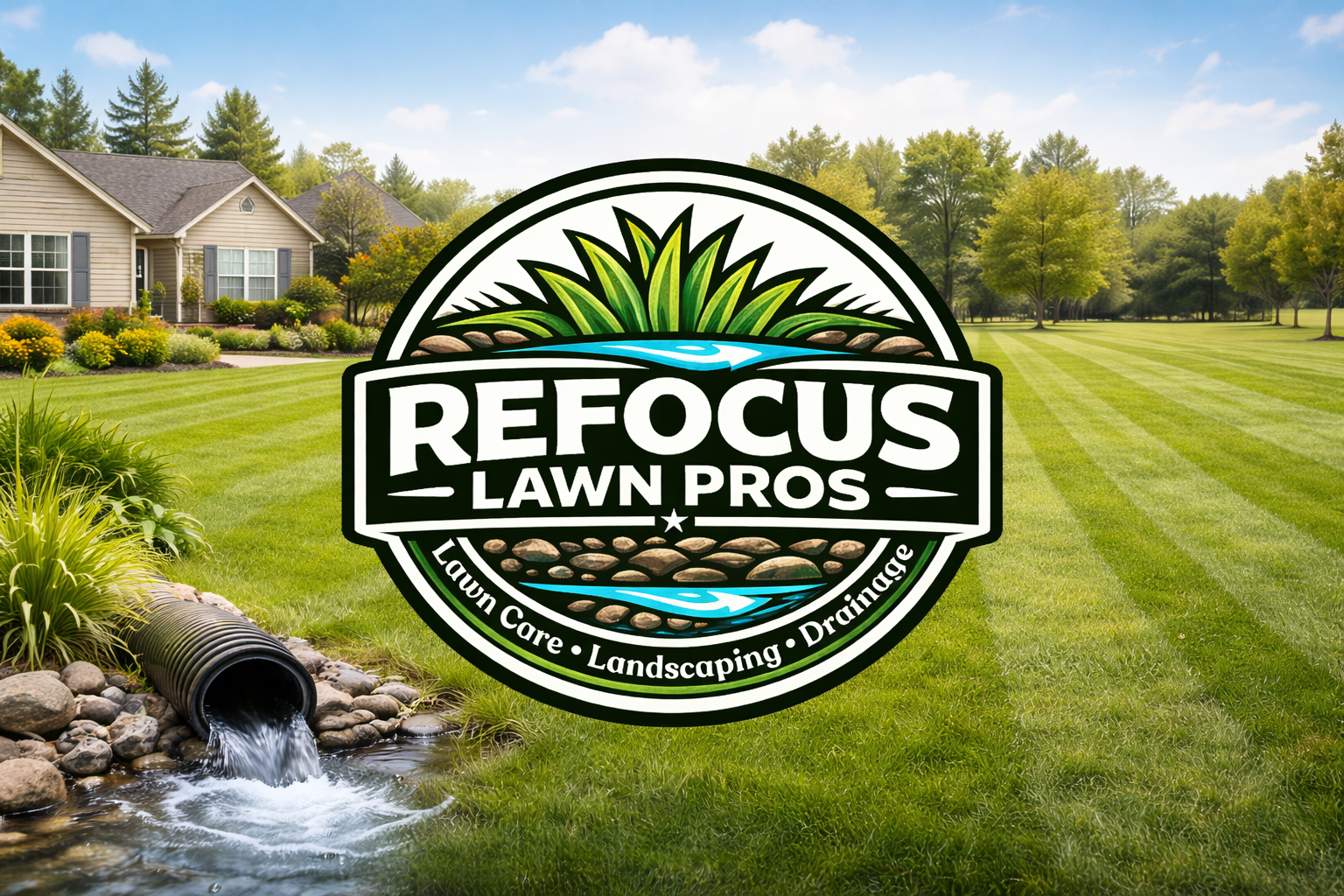 A lush, green lawn with a house in the background, surrounded by trees and landscaped bushes. A logo in the center reads 'Refocus Lawn Pros' with a graphic of grass, water, and stones, and the words 'Lawn Care, Landscaping, Drainage'.