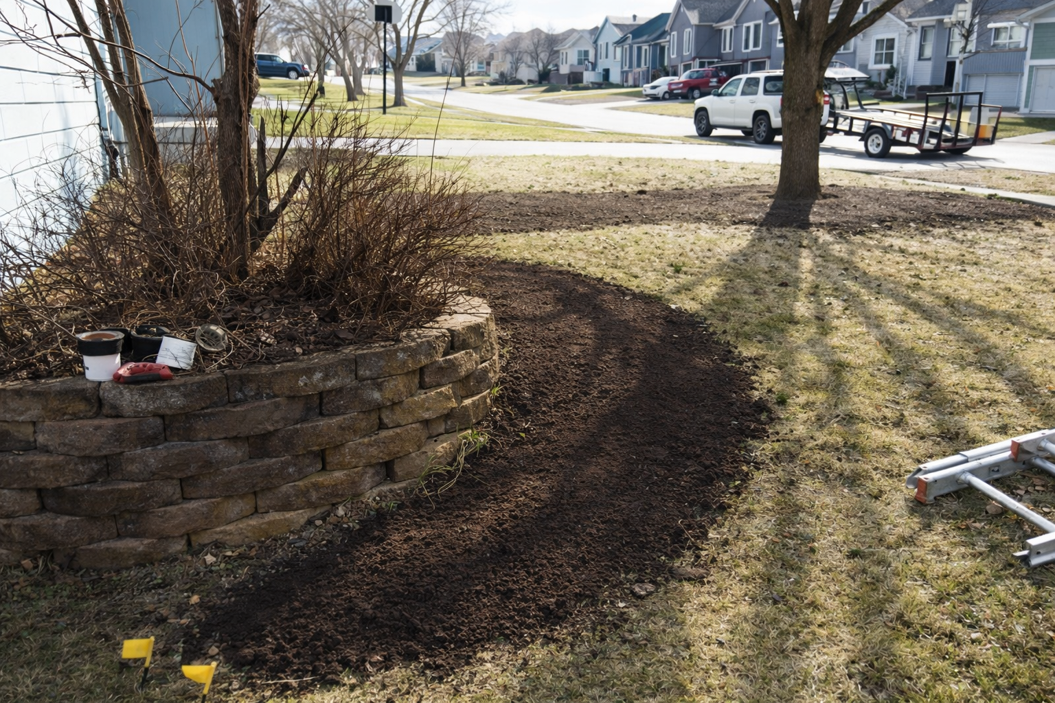 A garden bed with new soil and a leafless shrub in a raised brick planter next to a lawn. There are gardening tools and supplies on top of the brick planter. A garden ladder is on the grass nearby. A tree casts a shadow on the ground. Residential houses and parked cars are visible in the background.