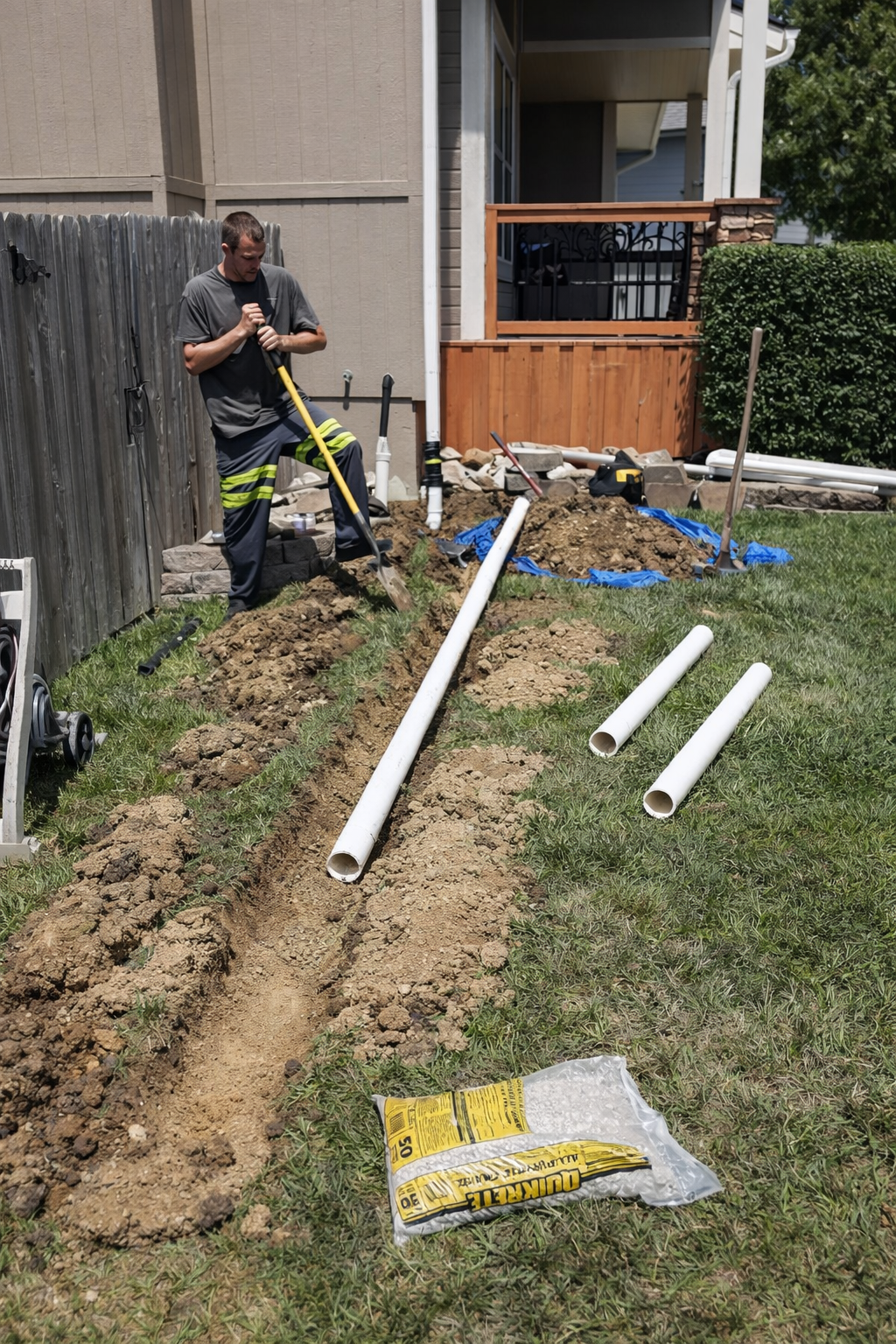 A man in work clothes installing underground pipes in a backyard near a wooden fence and house. The trench is open, with pipes and tools around.