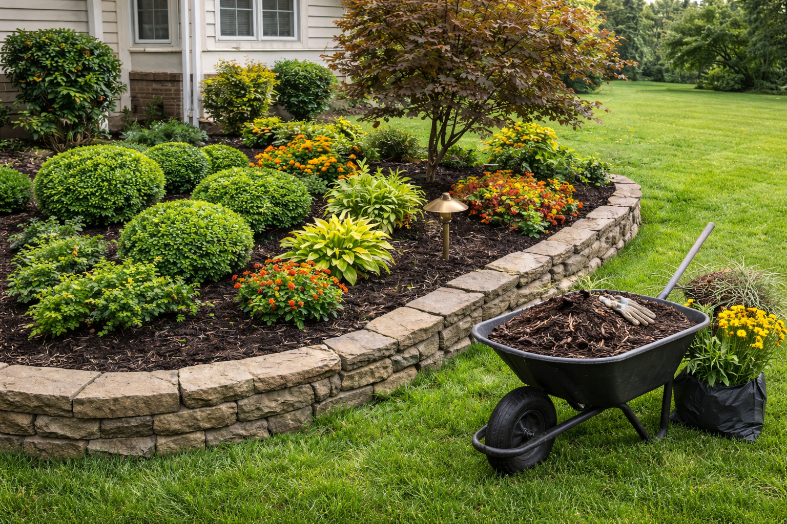 Garden bed with various green and orange plants, a tree, and a stone border, with a wheelbarrow filled with mulch and gardening gloves nearby.
