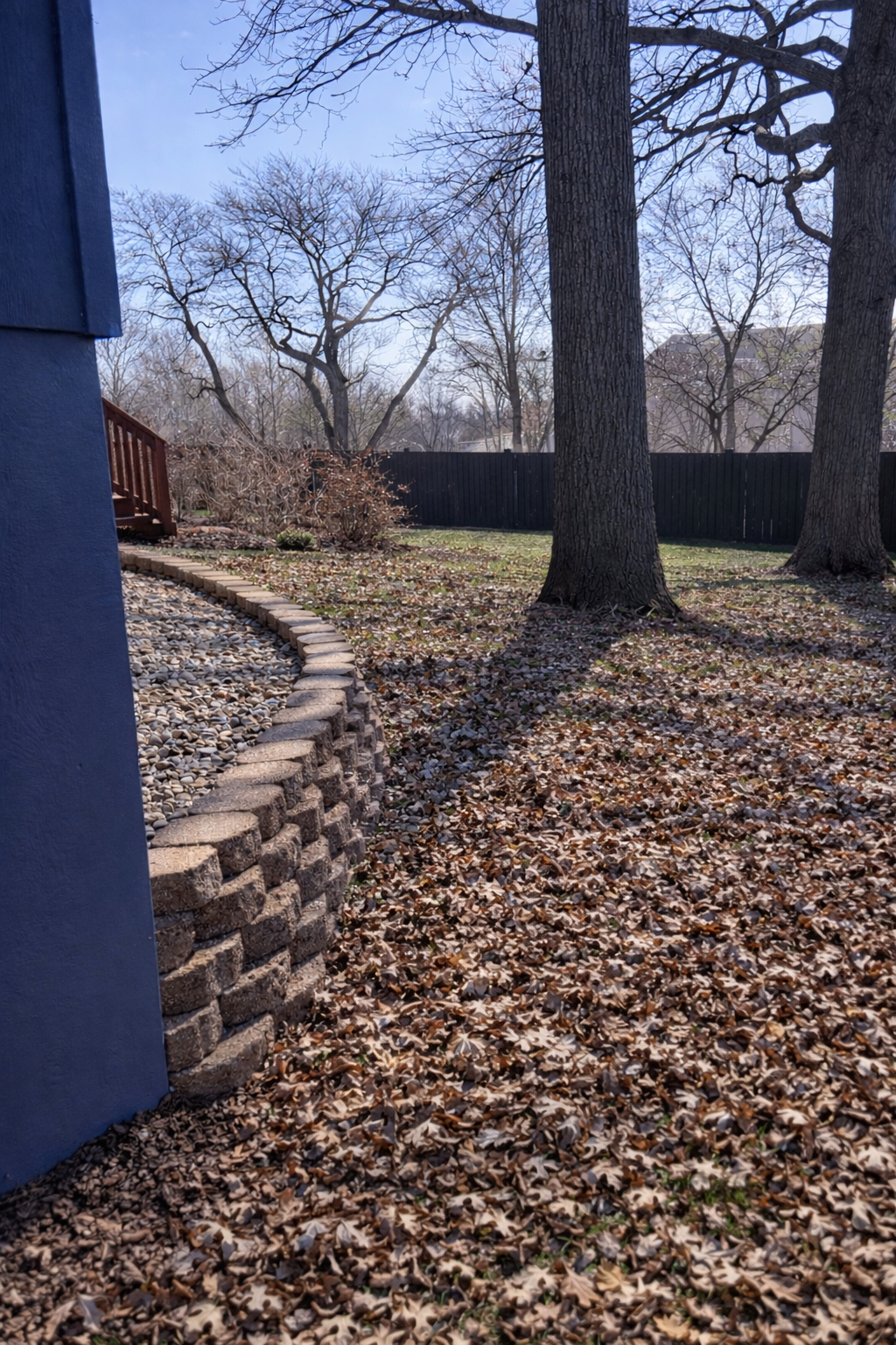 Backyard with leaf-covered ground, two large trees, a brick retaining wall, and a black fence under a clear sky.