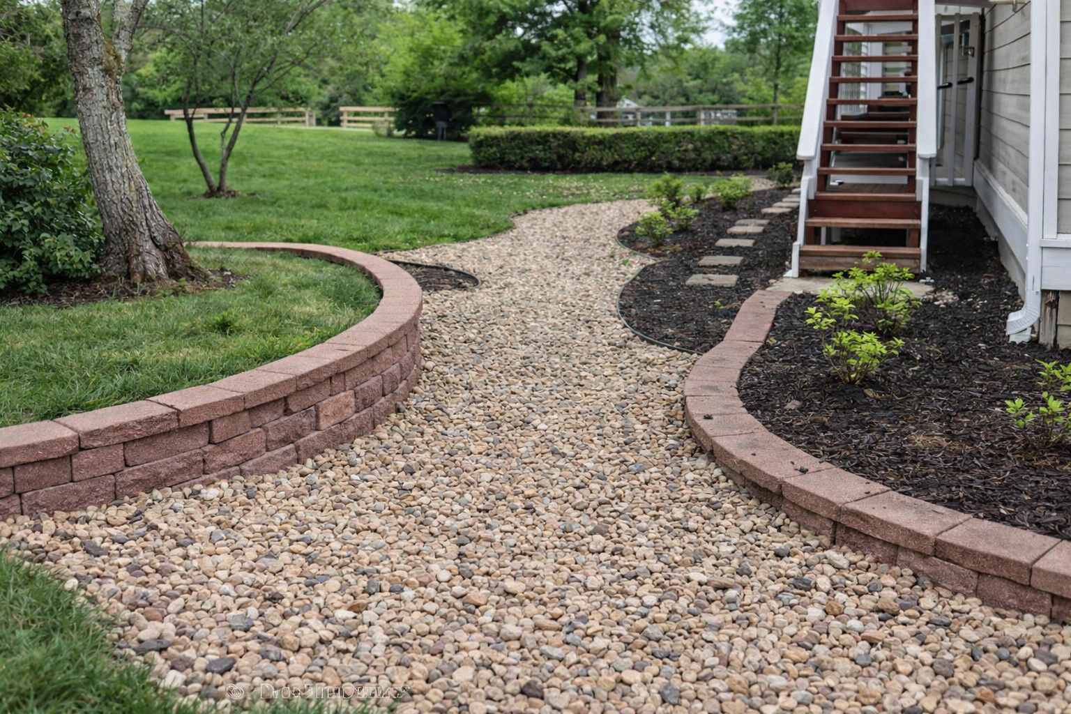 A landscaped backyard with a pebble pathway, brick borders, small shrubs, and a wooden staircase leading to a house.
